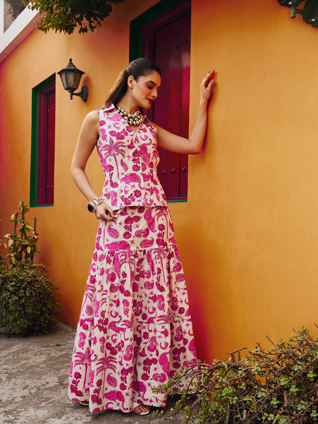 Women Pink Animal Print Vest Top With Tiered Skirt