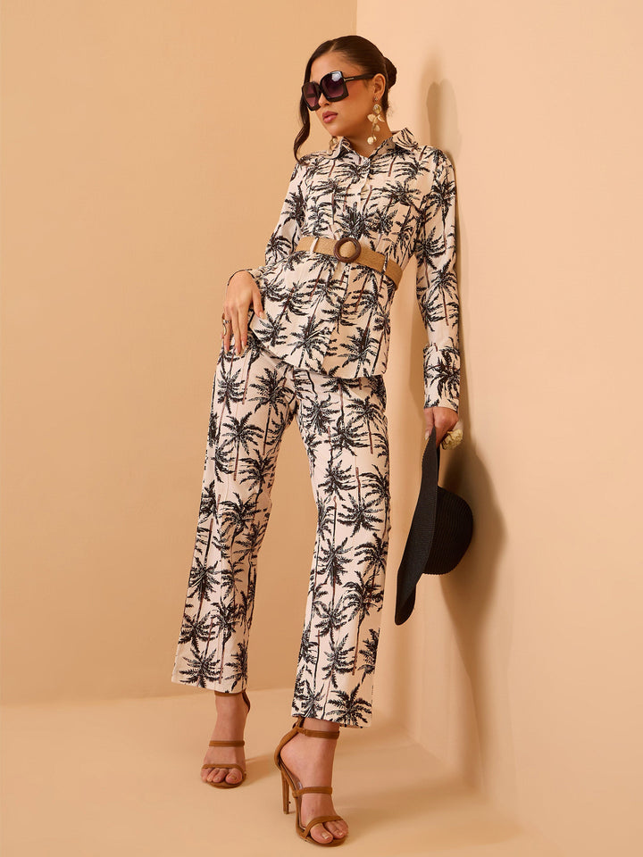 Women Black Tropical Belted Shirt With Straight Pants