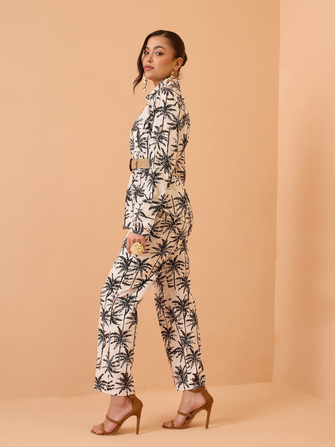 Women Black Tropical Belted Shirt With Straight Pants