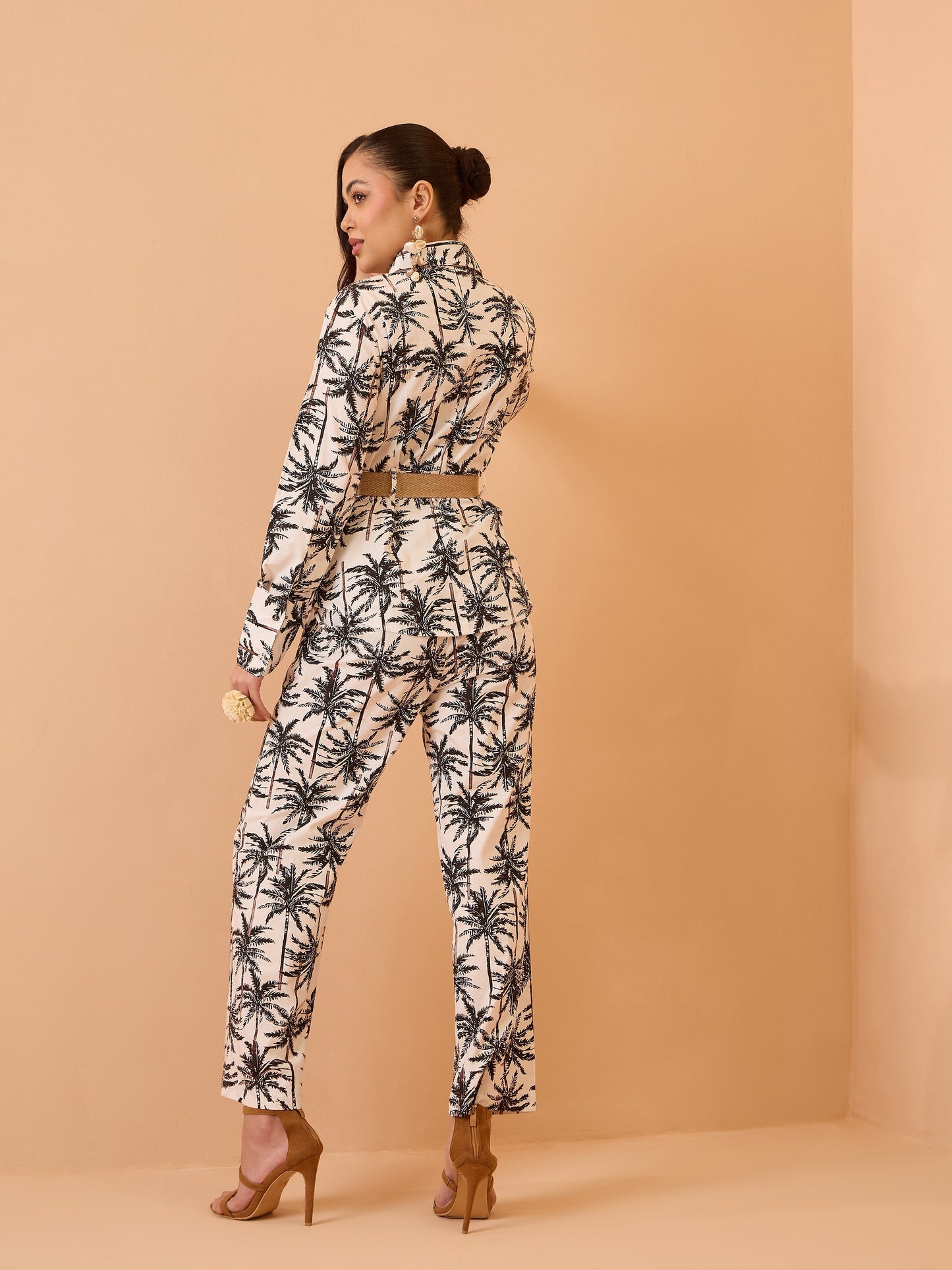 Women Black Tropical Belted Shirt With Straight Pants