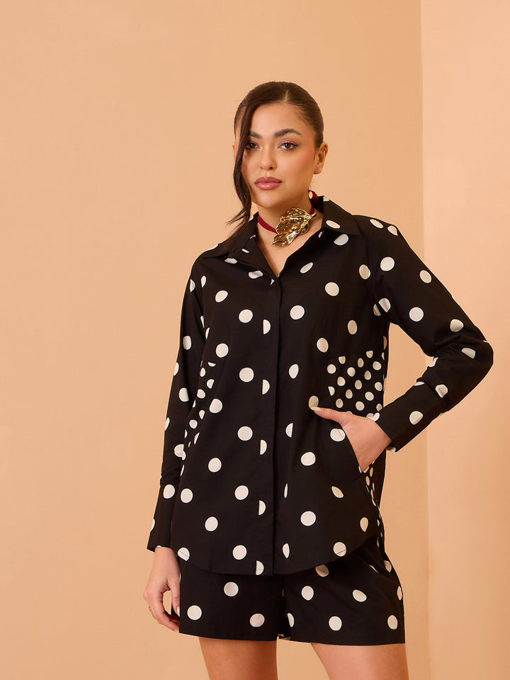 Women Black &amp; White Big Polka Shirt With Shorts