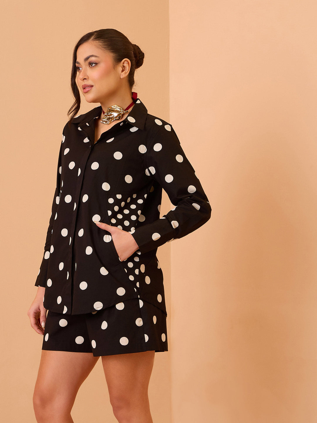 Women Black &amp; White Big Polka Shirt With Shorts