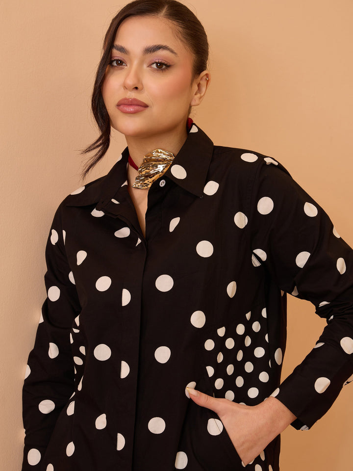 Women Black &amp; White Big Polka Shirt With Shorts