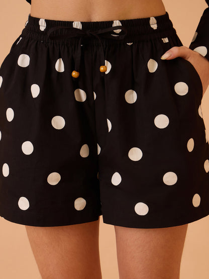 Women Black & White Big Polka Shirt With Shorts