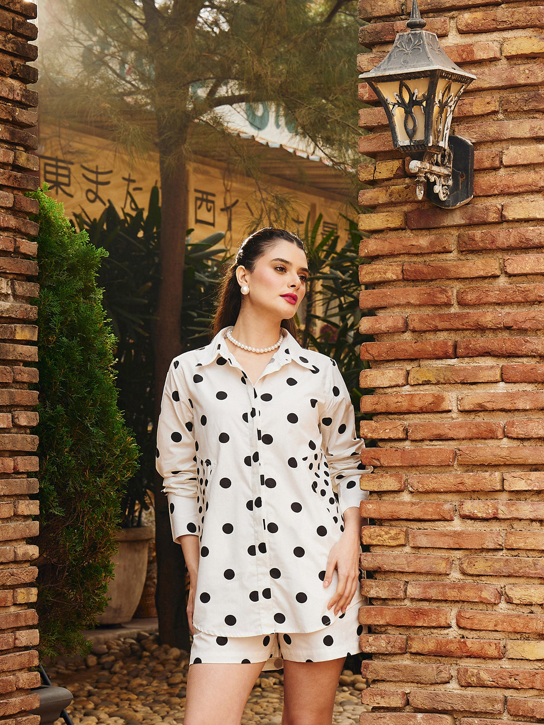 Women White &amp; Black Big Polka Shirt With Lined Shorts