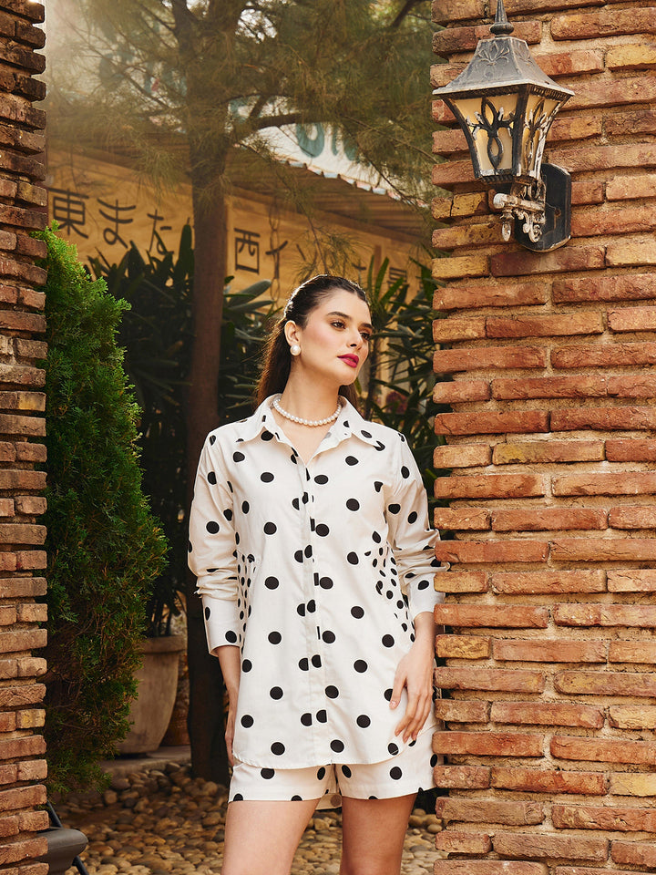 Women White &amp; Black Big Polka Shirt With Lined Shorts