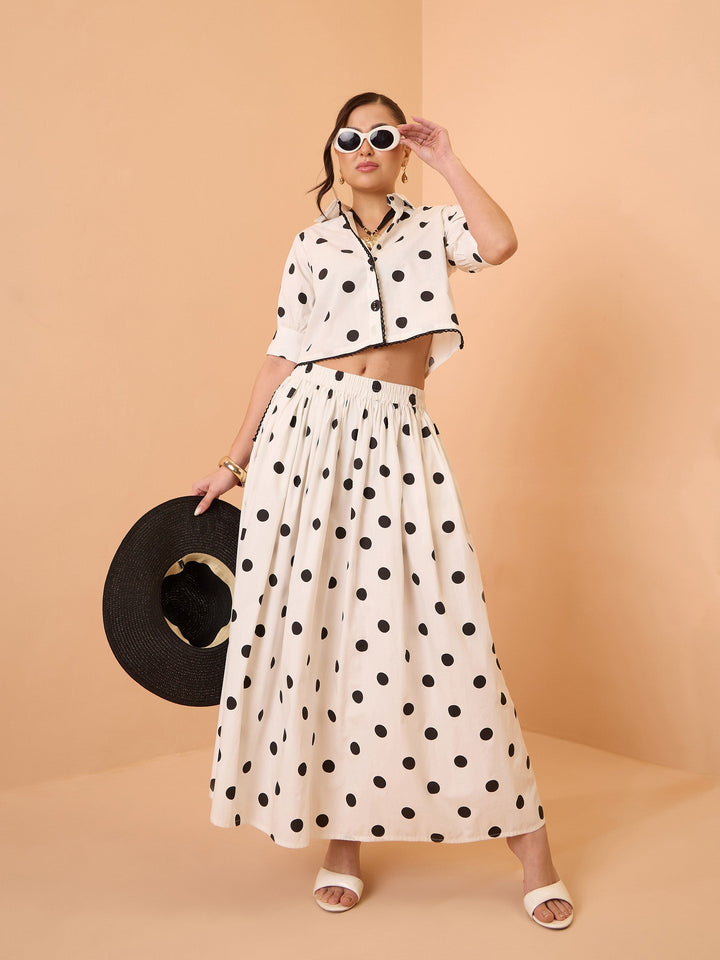 Women White &amp; Black Big Polka Dot Shirt With Skirt