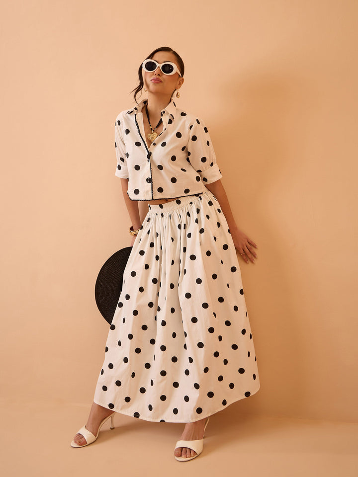 Women White &amp; Black Big Polka Dot Shirt With Skirt