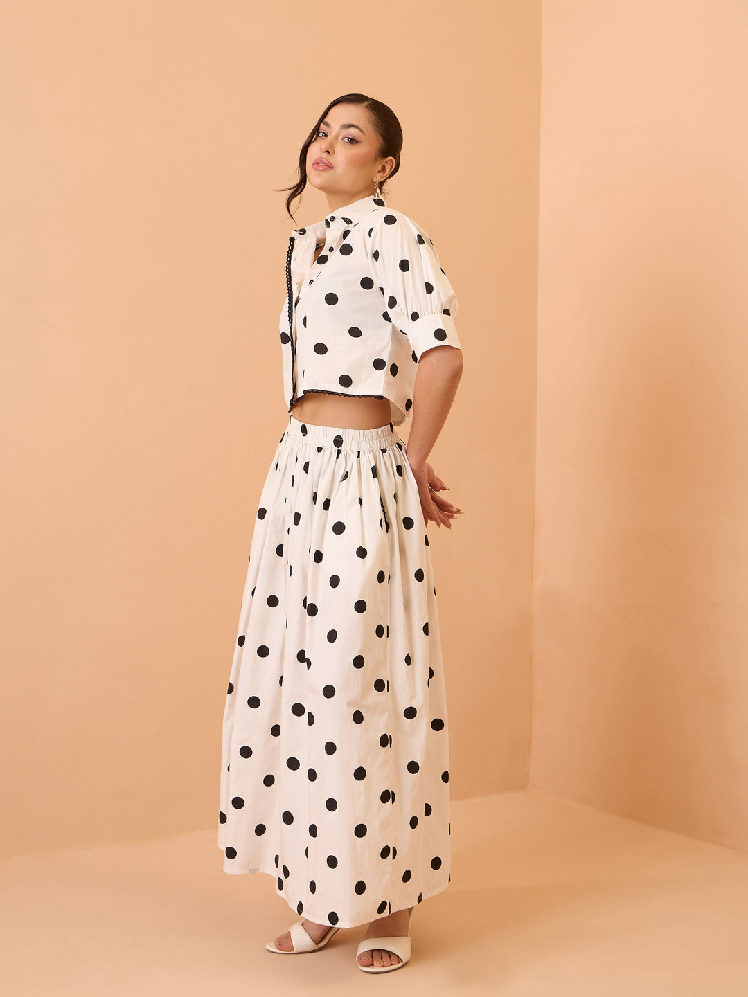 Women White &amp; Black Big Polka Dot Shirt With Skirt