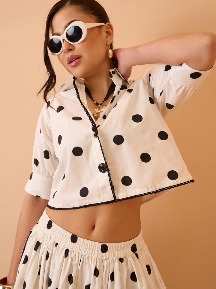 Women White &amp; Black Big Polka Dot Shirt With Skirt
