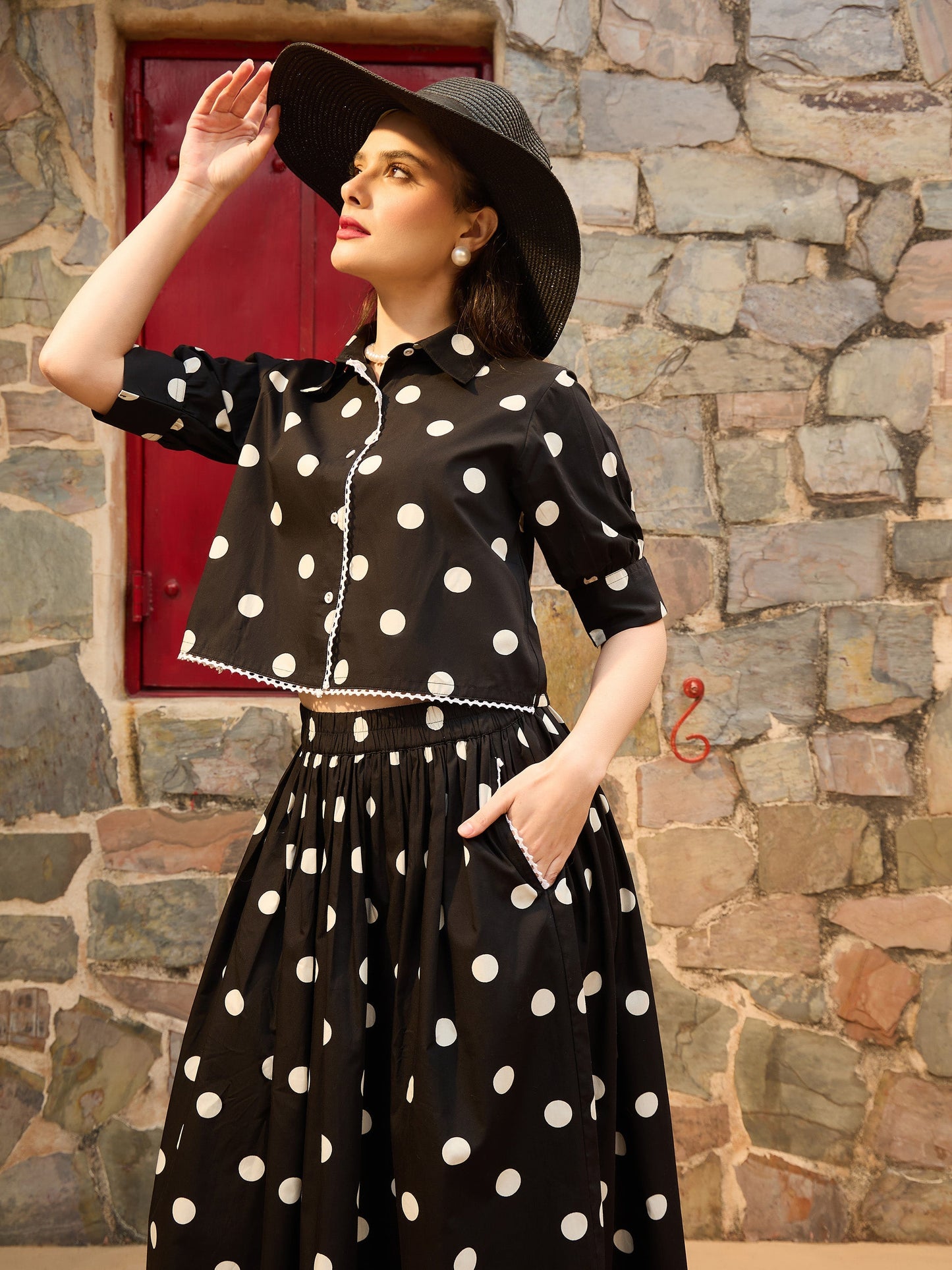 Women Black & White Big Polka Dot Shirt With Skirt