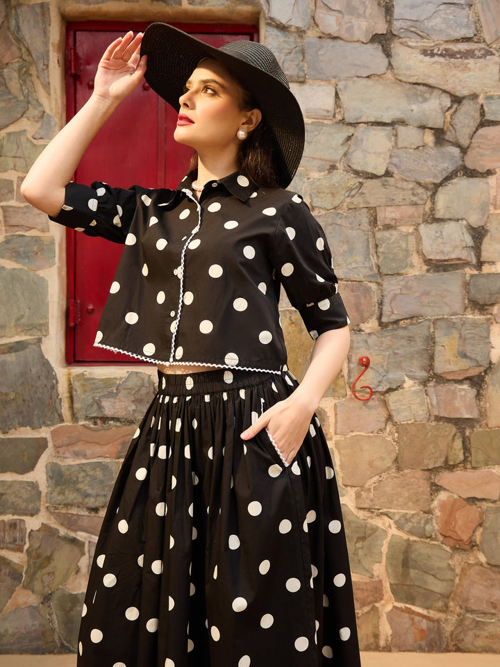 Women Black &amp; White Big Polka Dot Shirt With Skirt