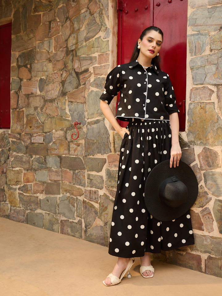 Women Black &amp; White Big Polka Dot Shirt With Skirt