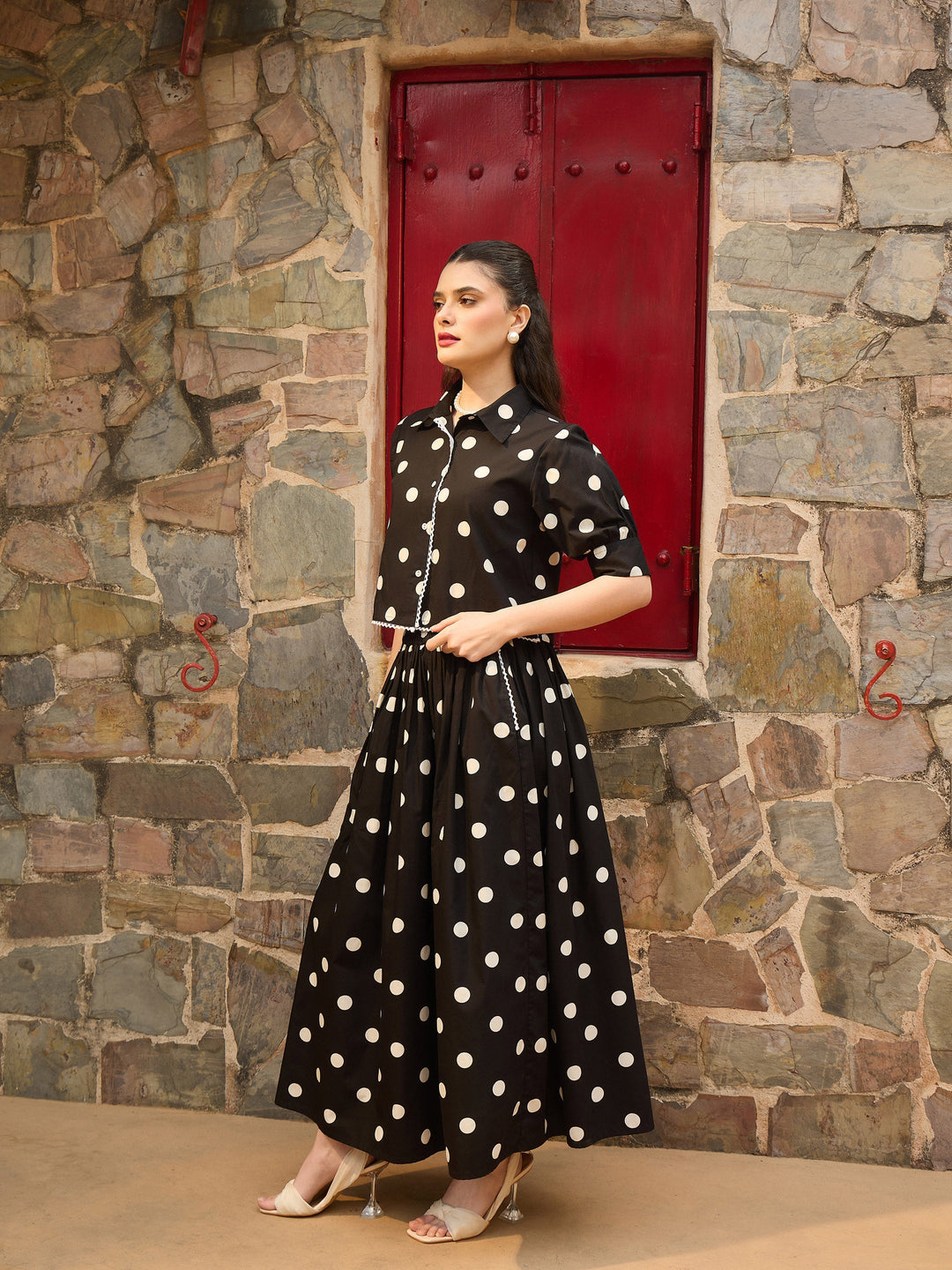 Women Black &amp; White Big Polka Dot Shirt With Skirt