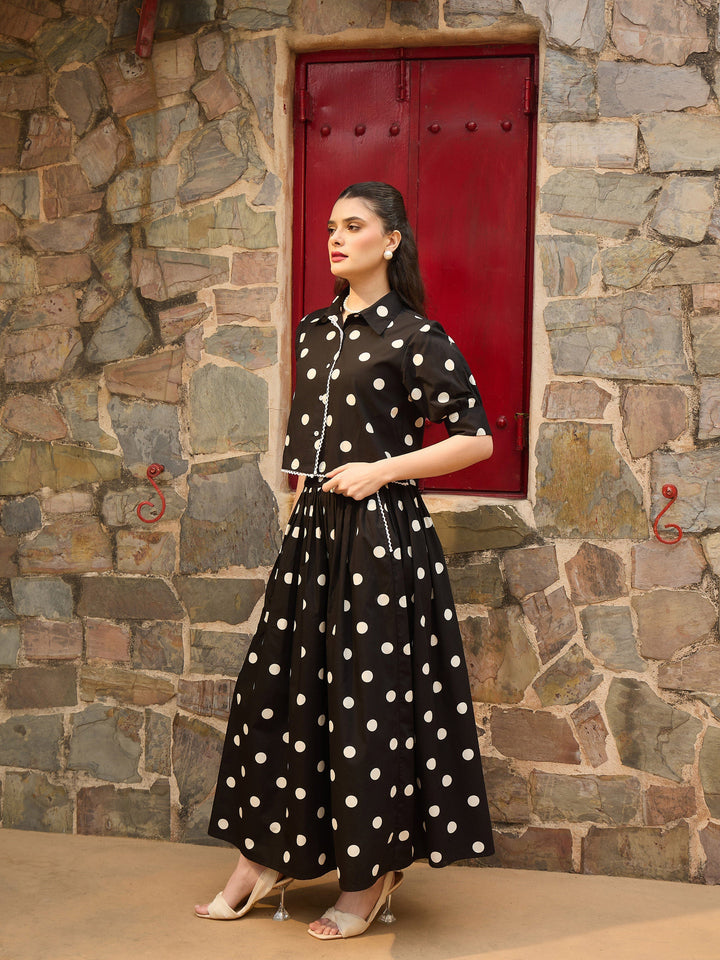 Women Black &amp; White Big Polka Dot Shirt With Skirt