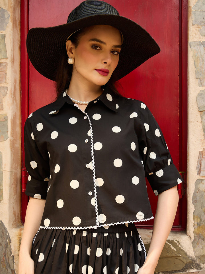 Women Black &amp; White Big Polka Dot Shirt With Skirt