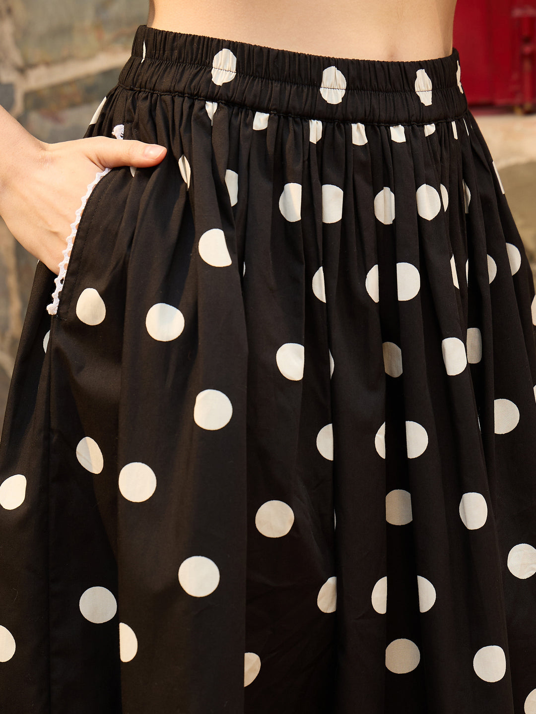 Women Black &amp; White Big Polka Dot Shirt With Skirt