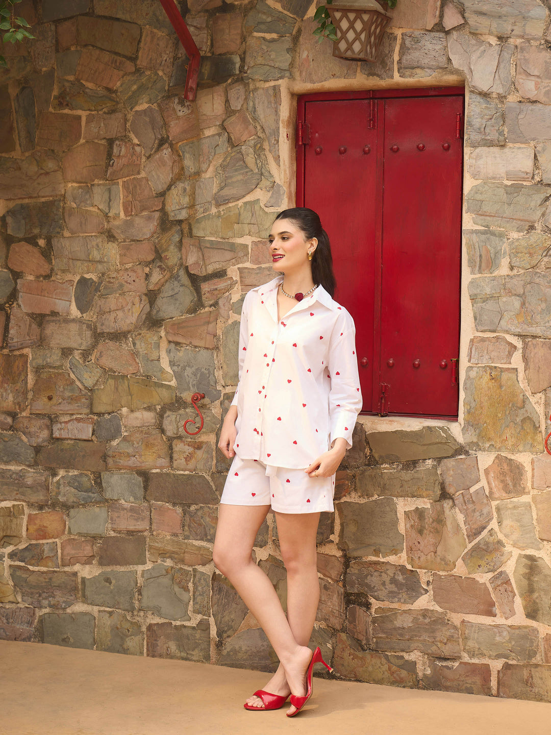 Women White &amp; Red Heart Print Shirt With Paperbag Shorts