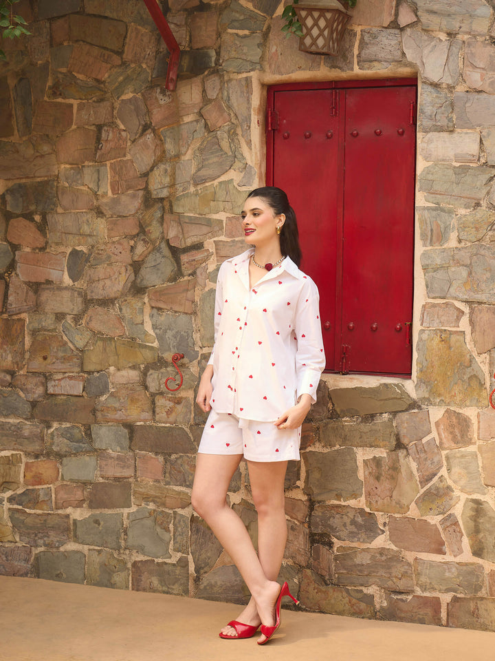 Women White &amp; Red Heart Print Shirt With Paperbag Shorts