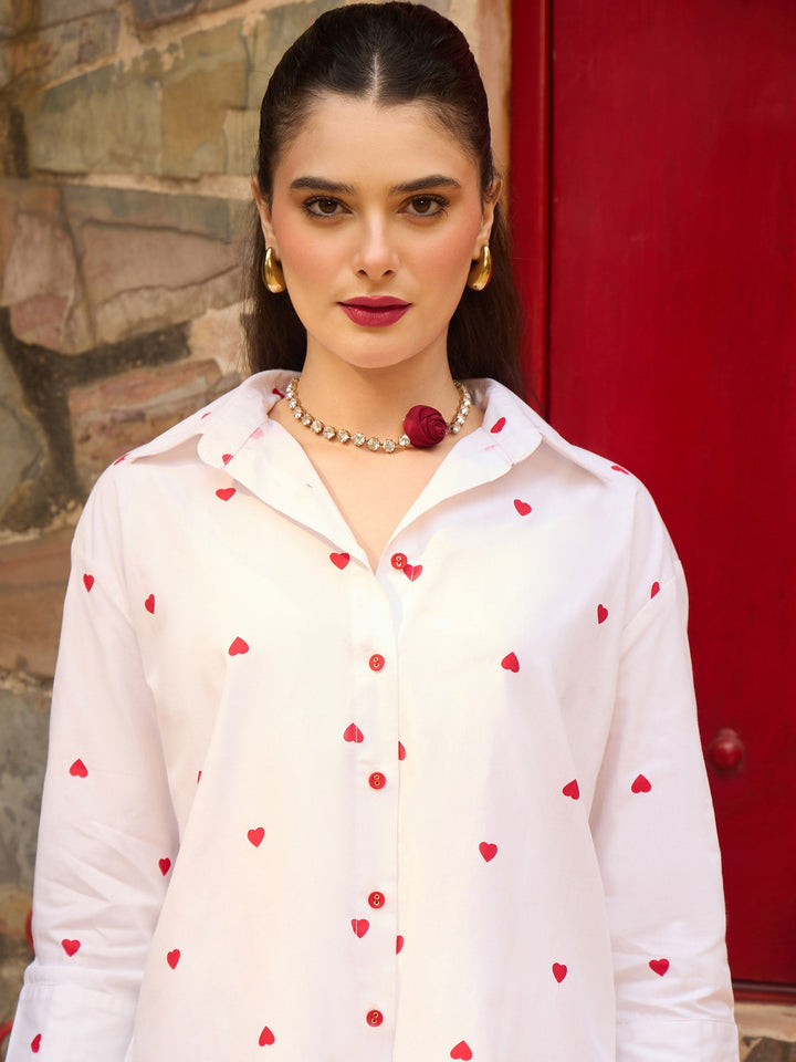 Women White &amp; Red Heart Print Shirt With Paperbag Shorts