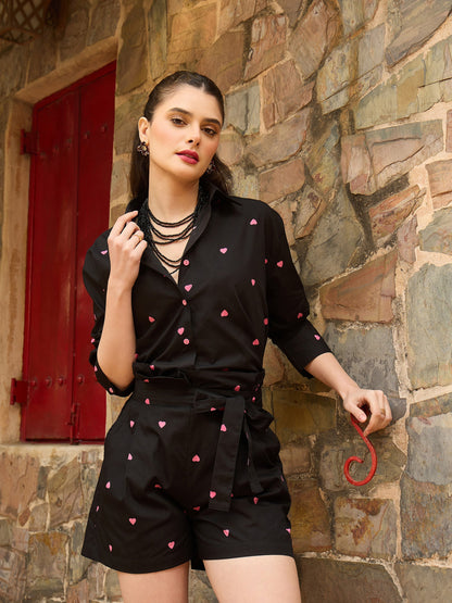 Women Black & Pink Heart Print Shirt With Paperbag Shorts
