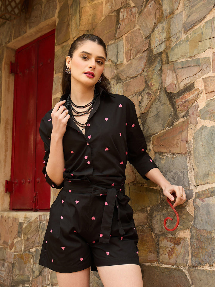 Women Black &amp; Pink Heart Print Shirt With Paperbag Shorts