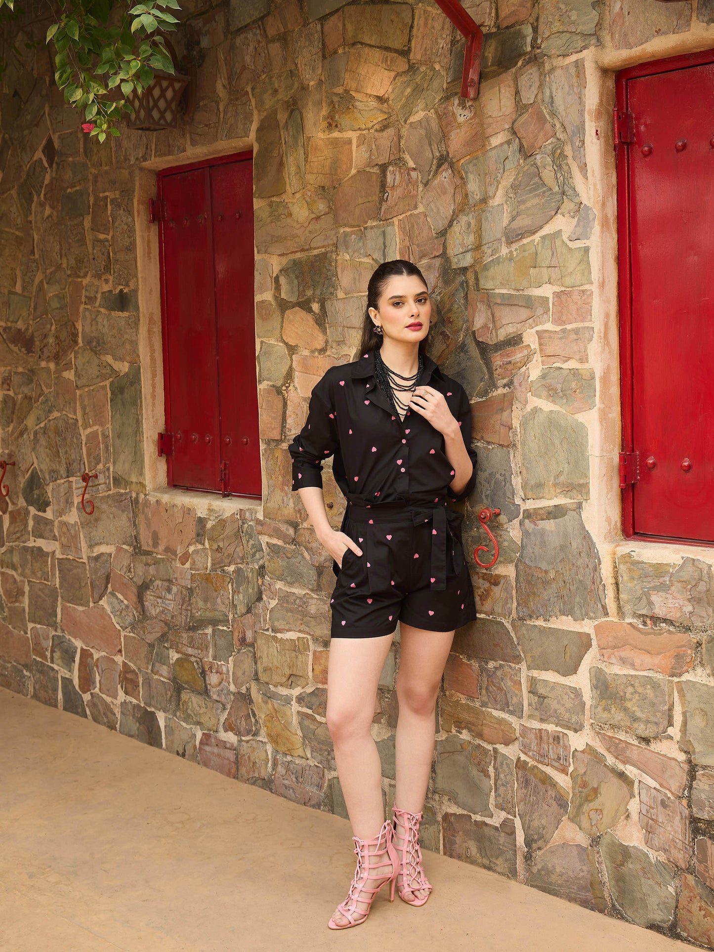 Women Black & Pink Heart Print Shirt With Paperbag Shorts