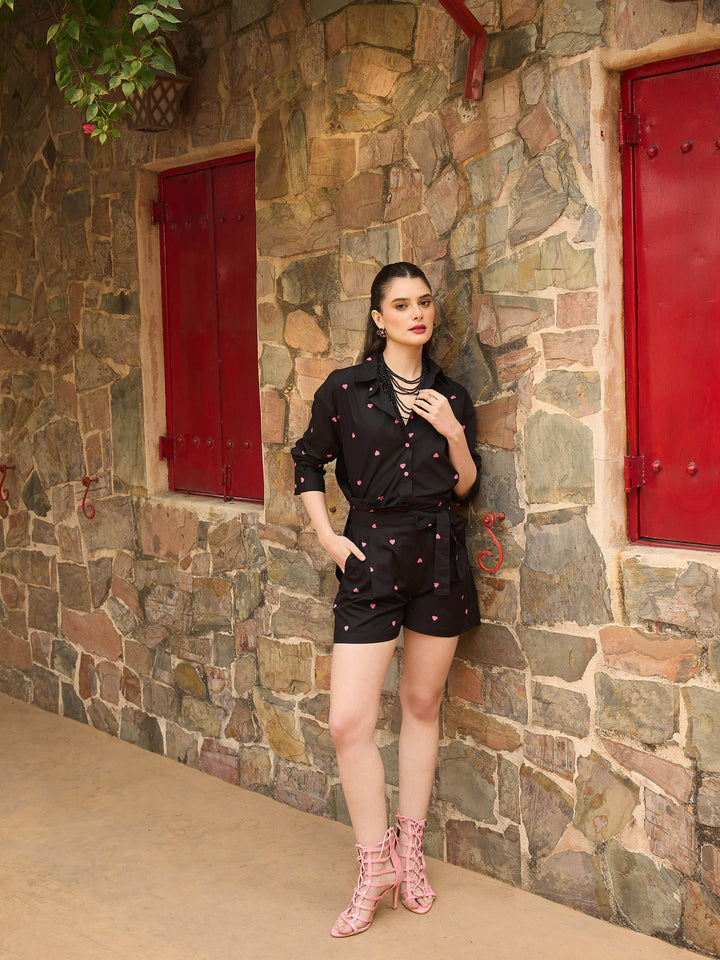 Women Black &amp; Pink Heart Print Shirt With Paperbag Shorts