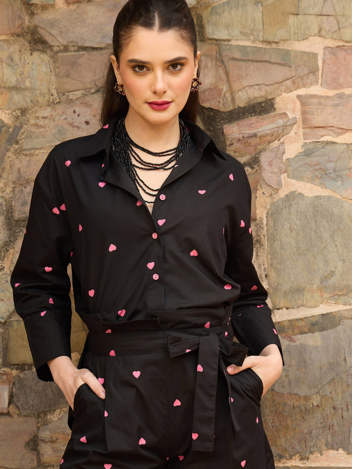 Women Black &amp; Pink Heart Print Shirt With Paperbag Shorts
