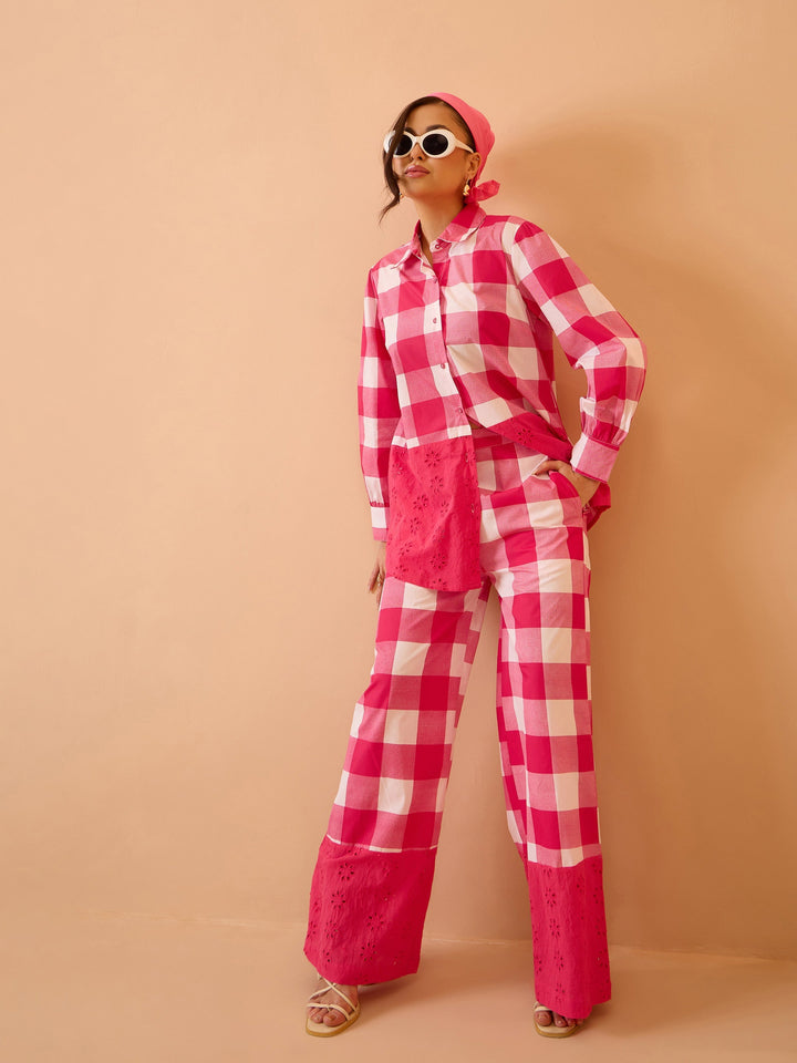 Women Pink Big Check Schiffli Shirt With Wide Pants