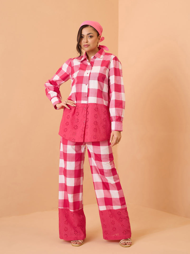 Women Pink Big Check Schiffli Shirt With Wide Pants