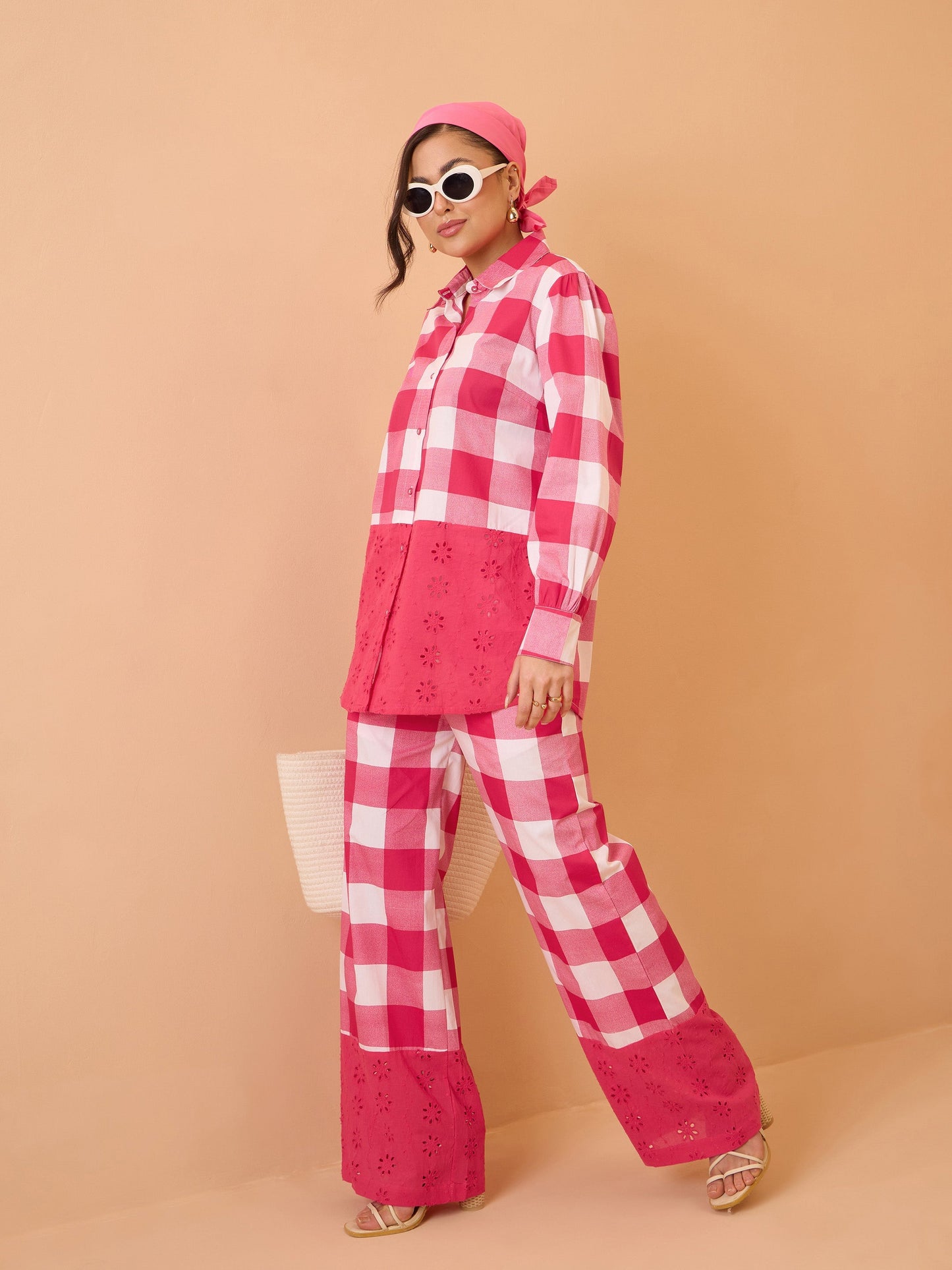 Women Pink Big Check Schiffli Shirt With Wide Pants