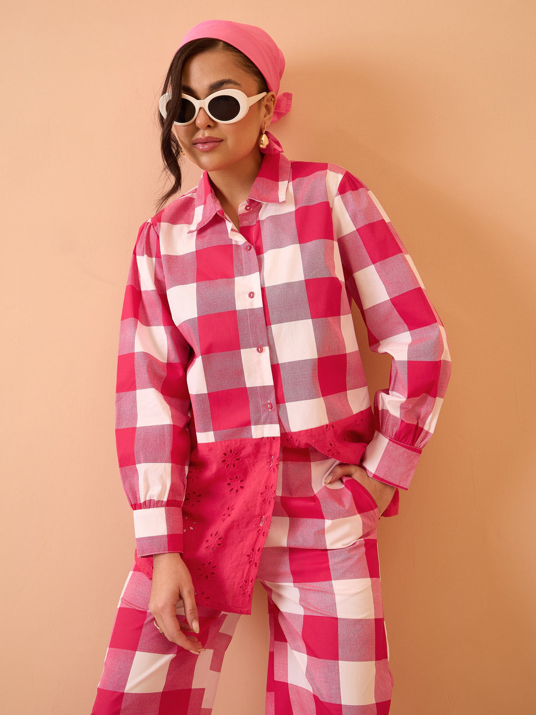 Women Pink Big Check Schiffli Shirt With Wide Pants