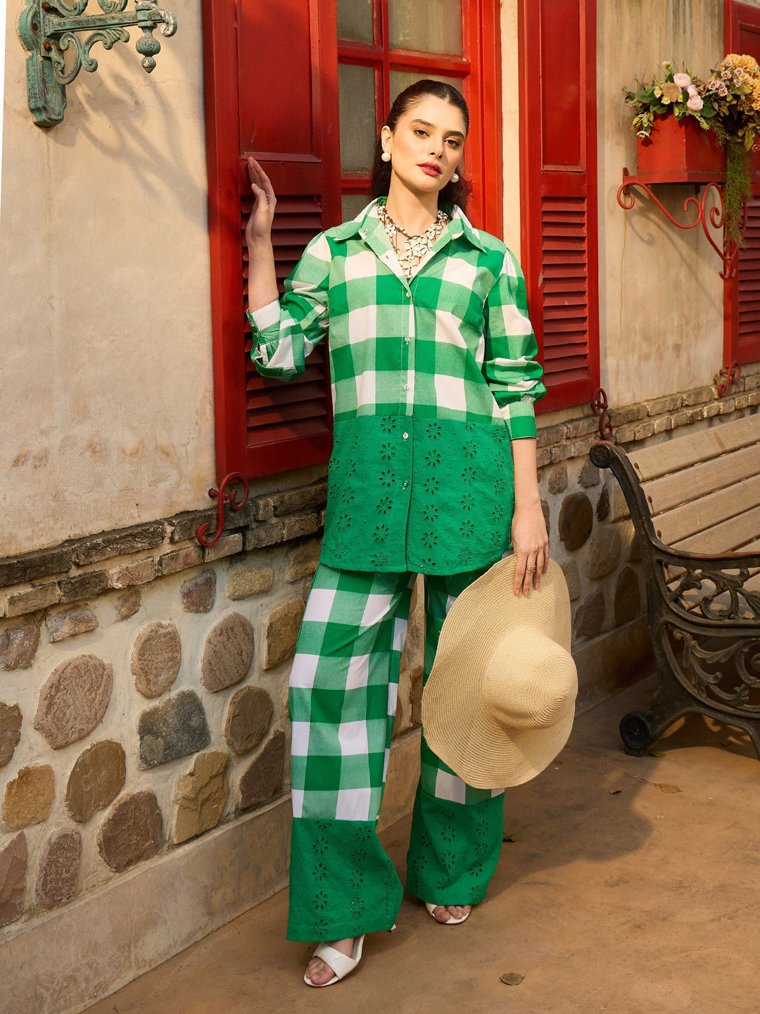 Women Green Big Check Schiffli Shirt With Wide Pants