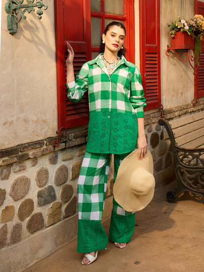 Women Green Big Check Schiffli Shirt With Wide Pants