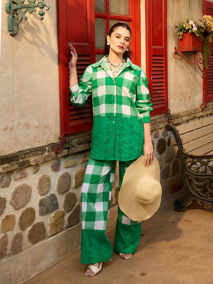 Women Green Big Check Schiffli Shirt With Wide Pants