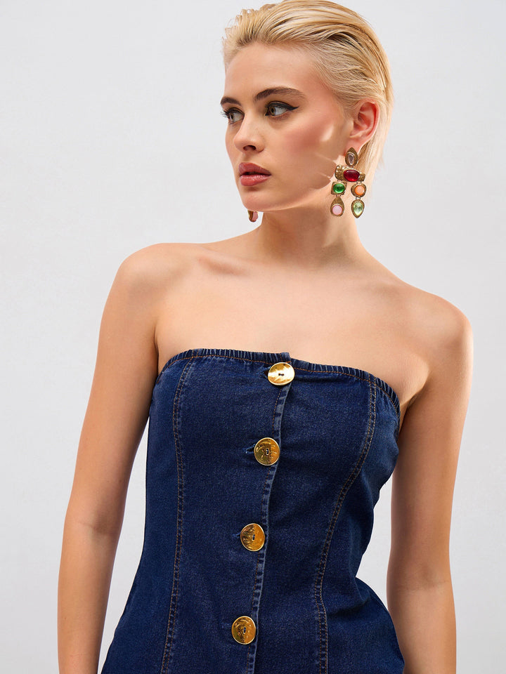 Women Navy Denim Button Down Tube Top With Straight Jeans