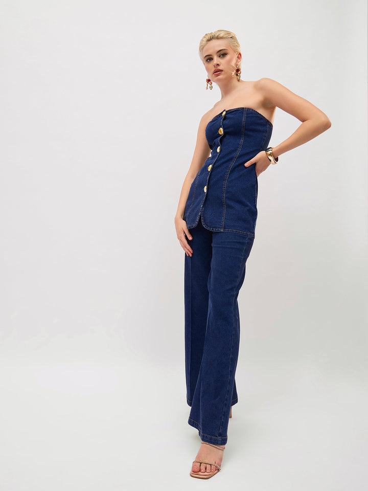 Women Navy Denim Button Down Tube Top With Straight Jeans