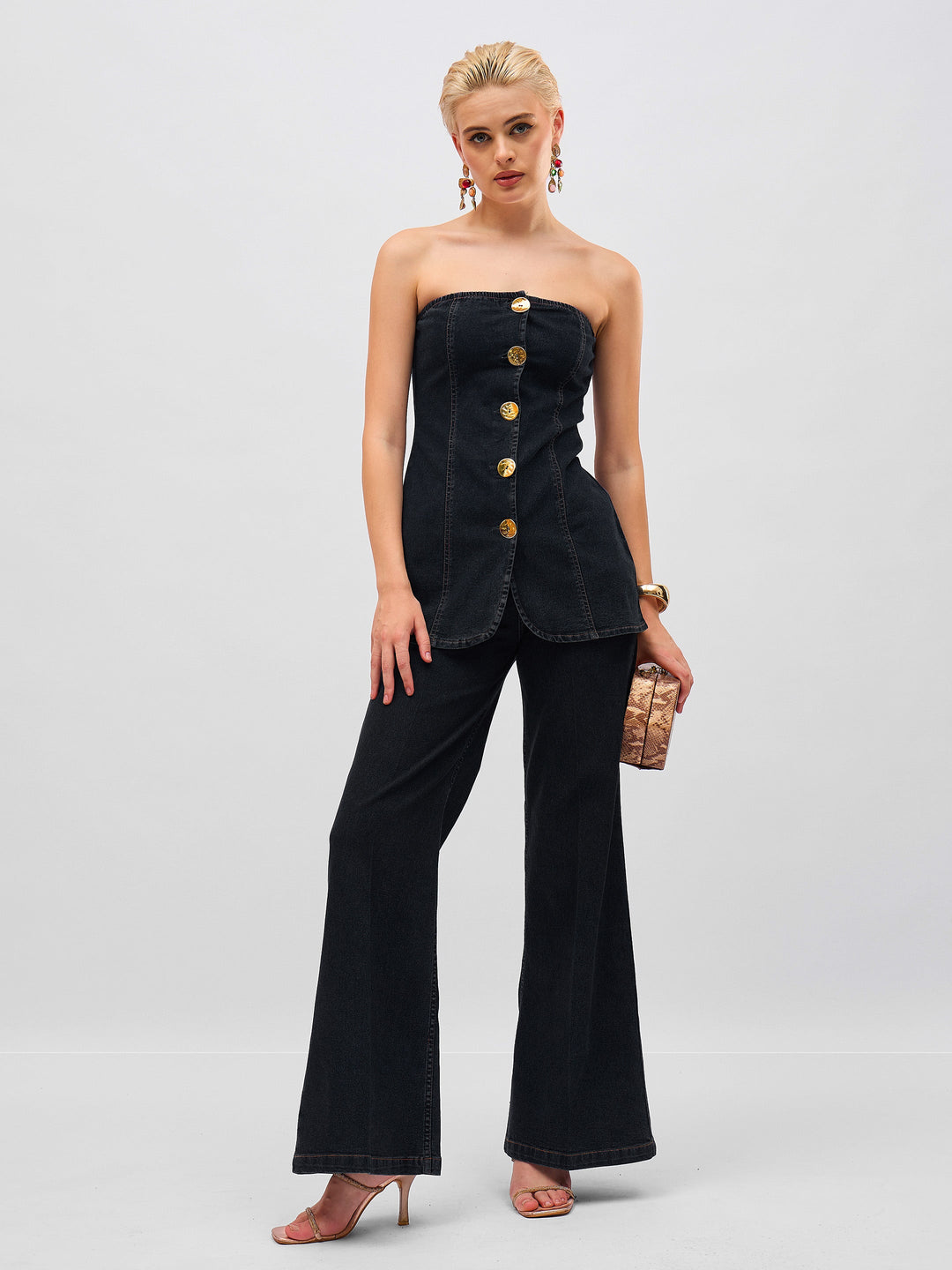 Women Black Denim Button Down Tube Top With Straight Jeans