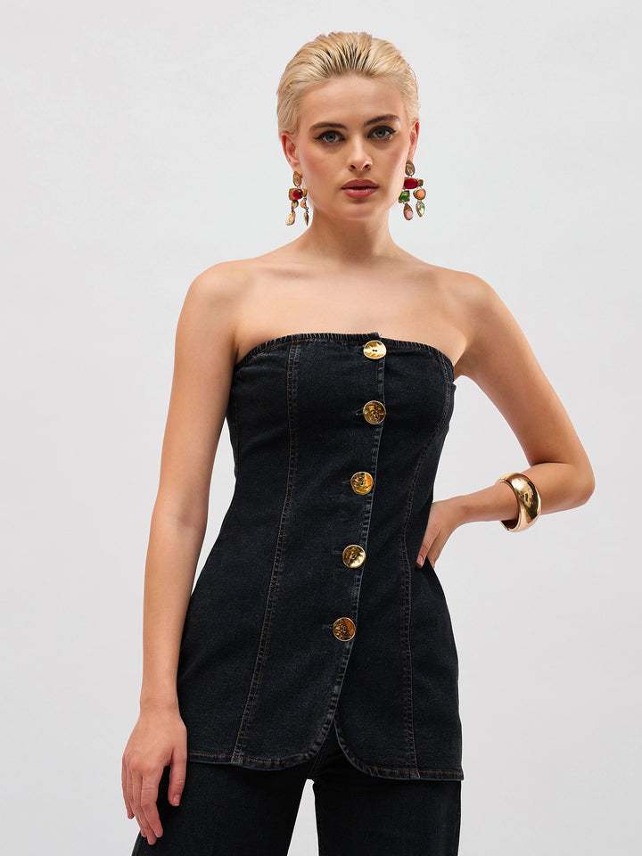 Women Black Denim Button Down Tube Top With Straight Jeans