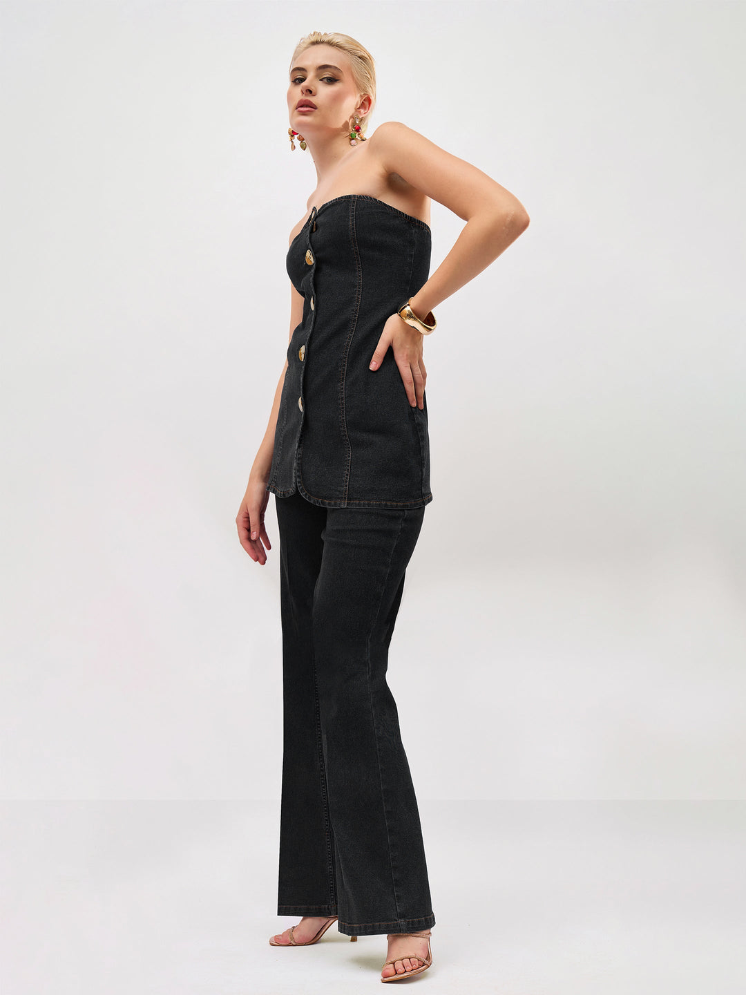 Women Black Denim Button Down Tube Top With Straight Jeans