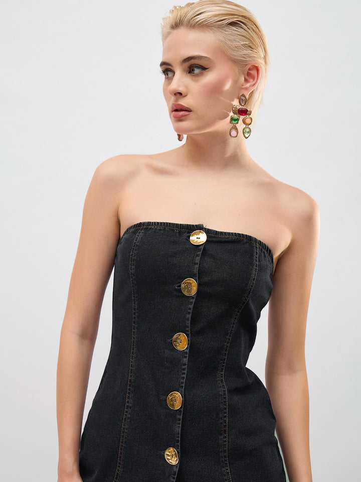 Women Black Denim Button Down Tube Top With Straight Jeans