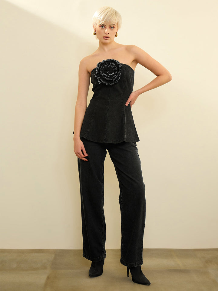 Women Black Denim Corsage Peplum Tube Top With Straight Jeans