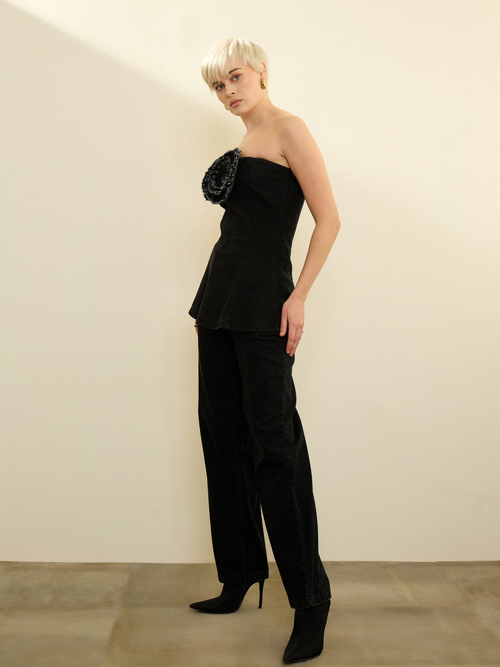 Women Black Denim Corsage Peplum Tube Top With Straight Jeans