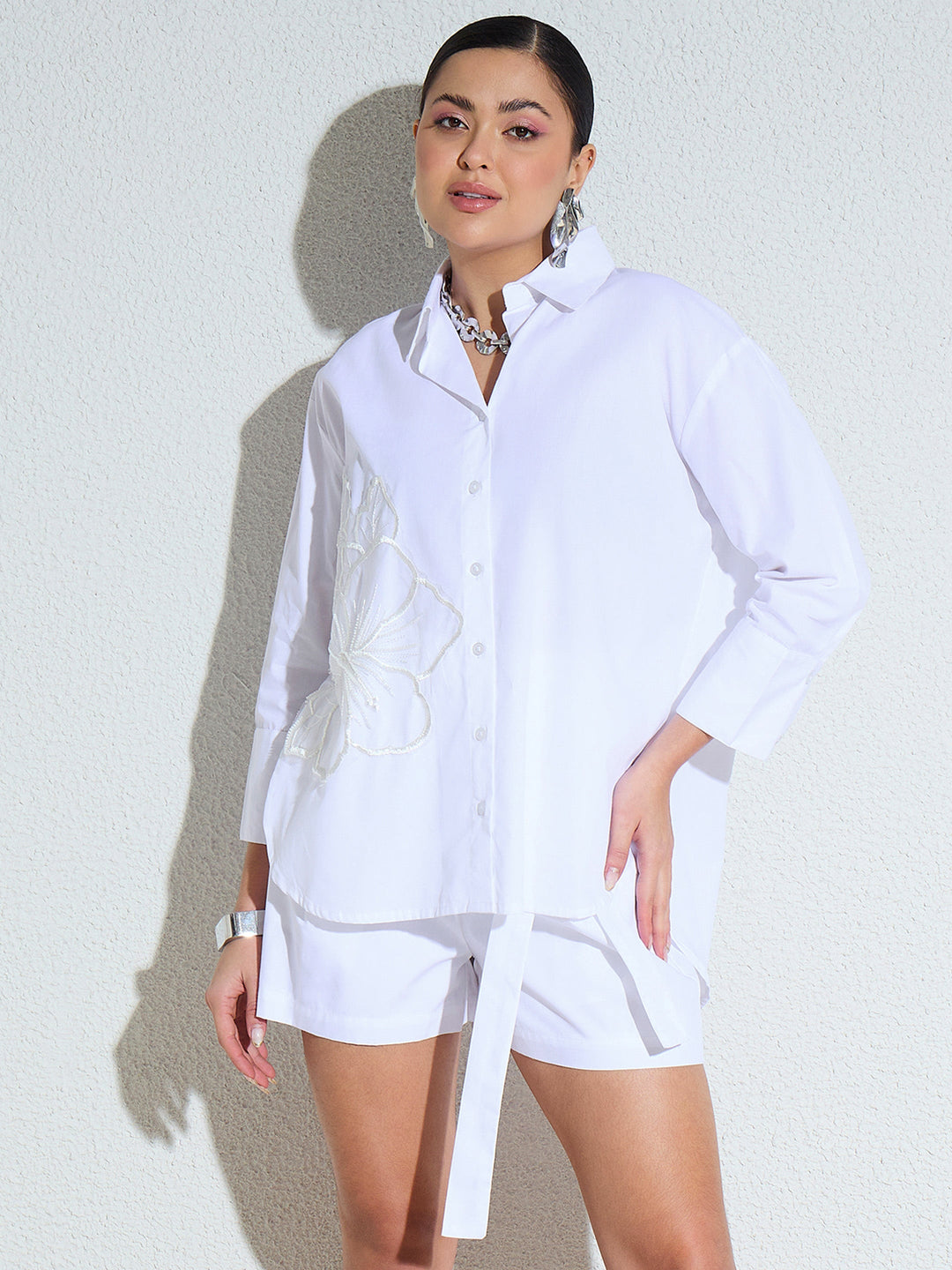 Women White Poplin Embellished Shirt With Paper Bag Shorts