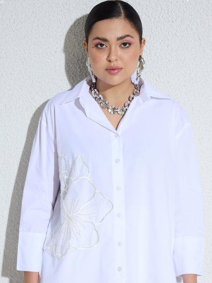 Women White Poplin Embellished Shirt With Paper Bag Shorts