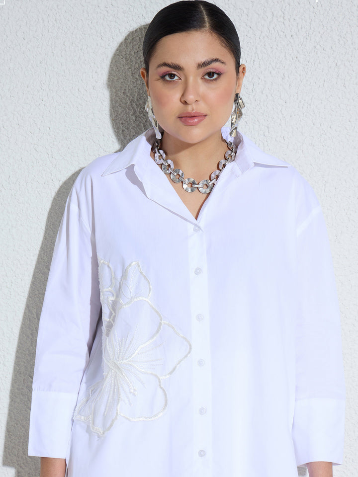 Women White Poplin Embellished Shirt With Paper Bag Shorts