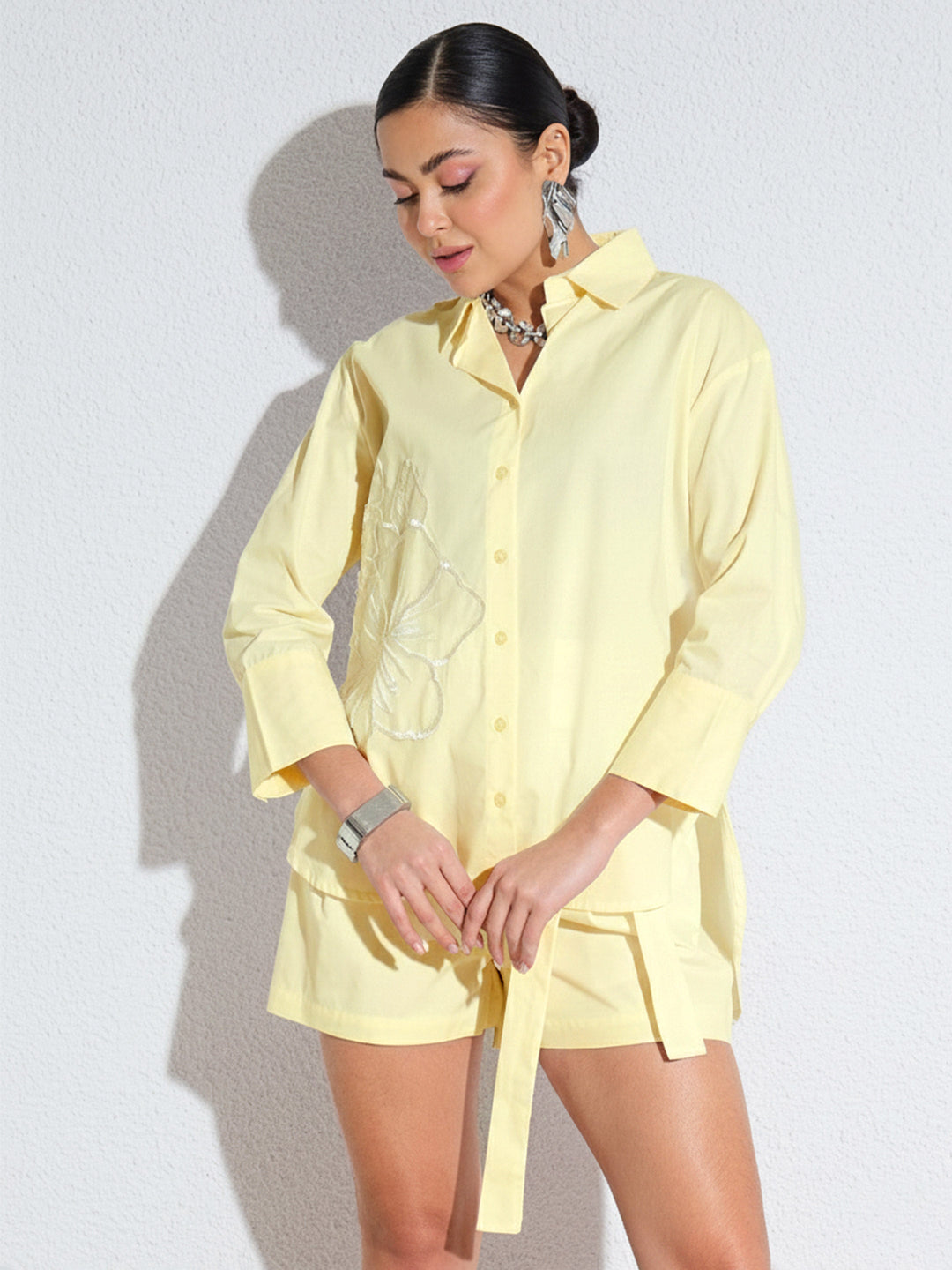 Women Yellow Poplin Embellished Shirt With Paper Bag Shorts
