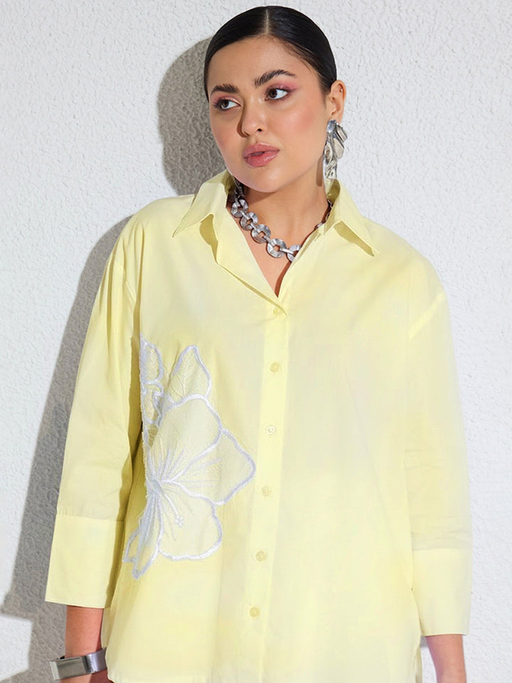 Women Yellow Poplin Embellished Shirt With Paper Bag Shorts