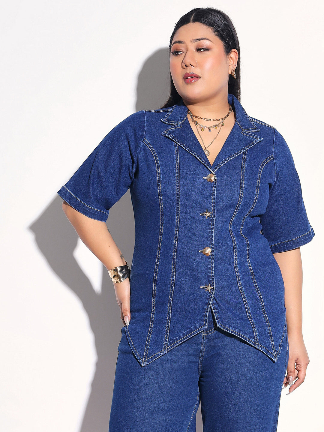 Women Navy Denim Collar Top With Bottom Fold Jeans